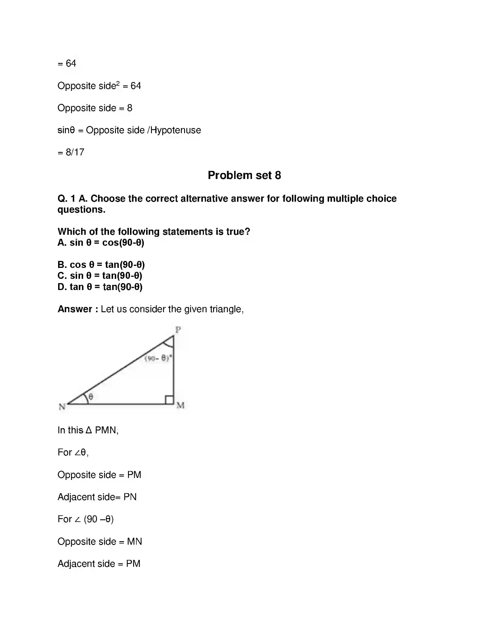 Maharashtra Board Class 9th Mathematics Part-II - English Medium Trigonometry Solution 18