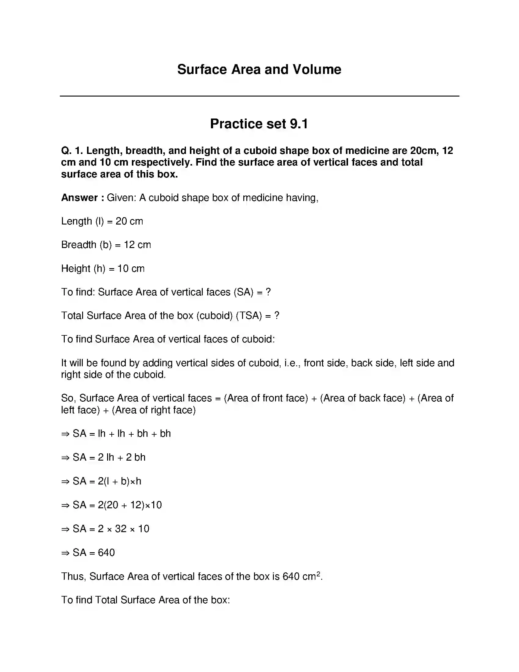 Maharashtra Board Class 9th Mathematics Part-II - English Medium Surface Area and Volume Solution 1