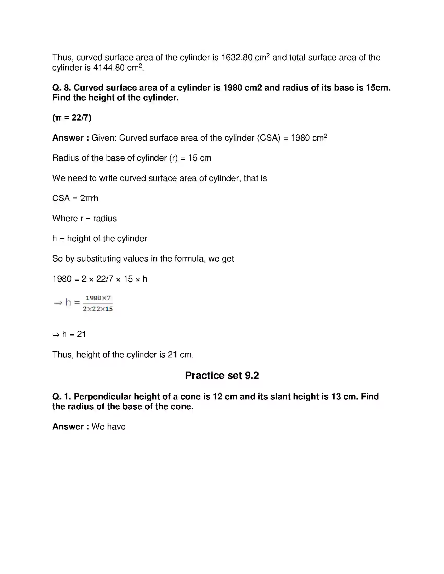 Maharashtra Board Class 9th Mathematics Part-II - English Medium Surface Area and Volume Solution 6