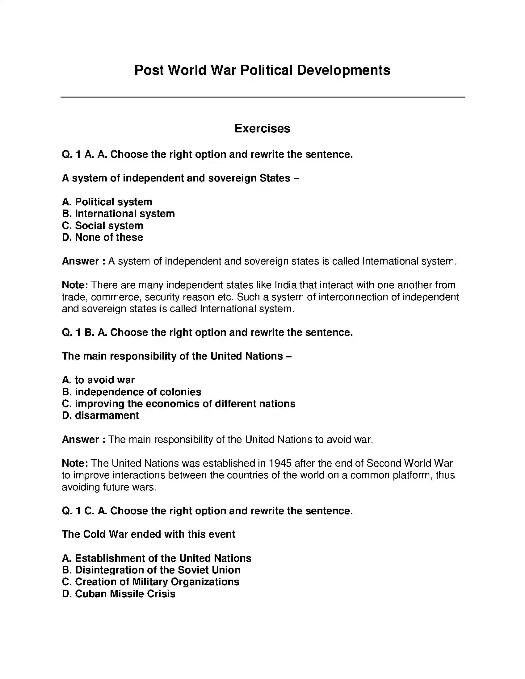 Maharashtra Board Class 9th Political Science - English Medium Post World War Political Developments Solution 1