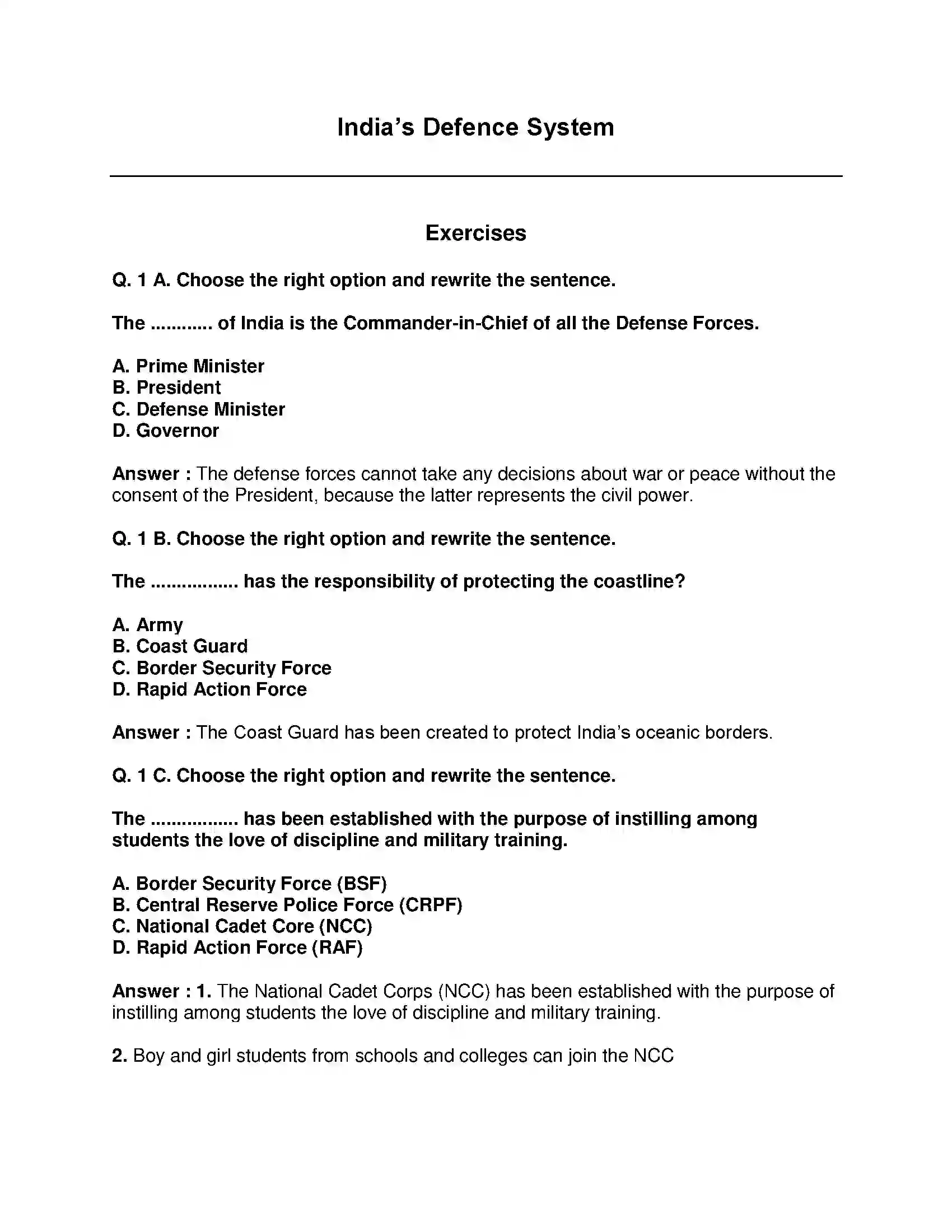 Maharashtra Board Class 9th Political Science - English Medium India’s Defence System Solution 1