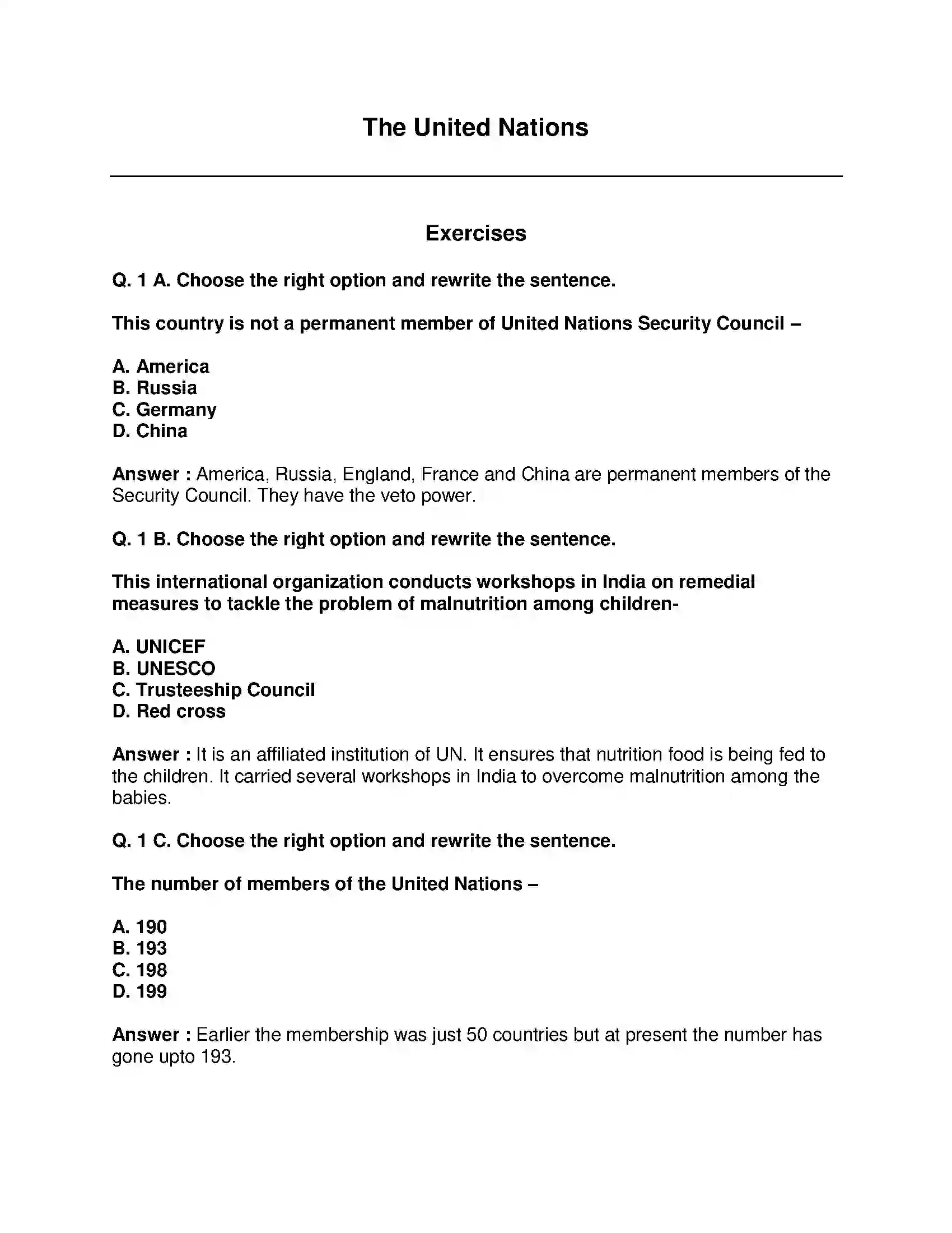 Maharashtra Board Class 9th Political Science - English Medium The United Nations Solution 1