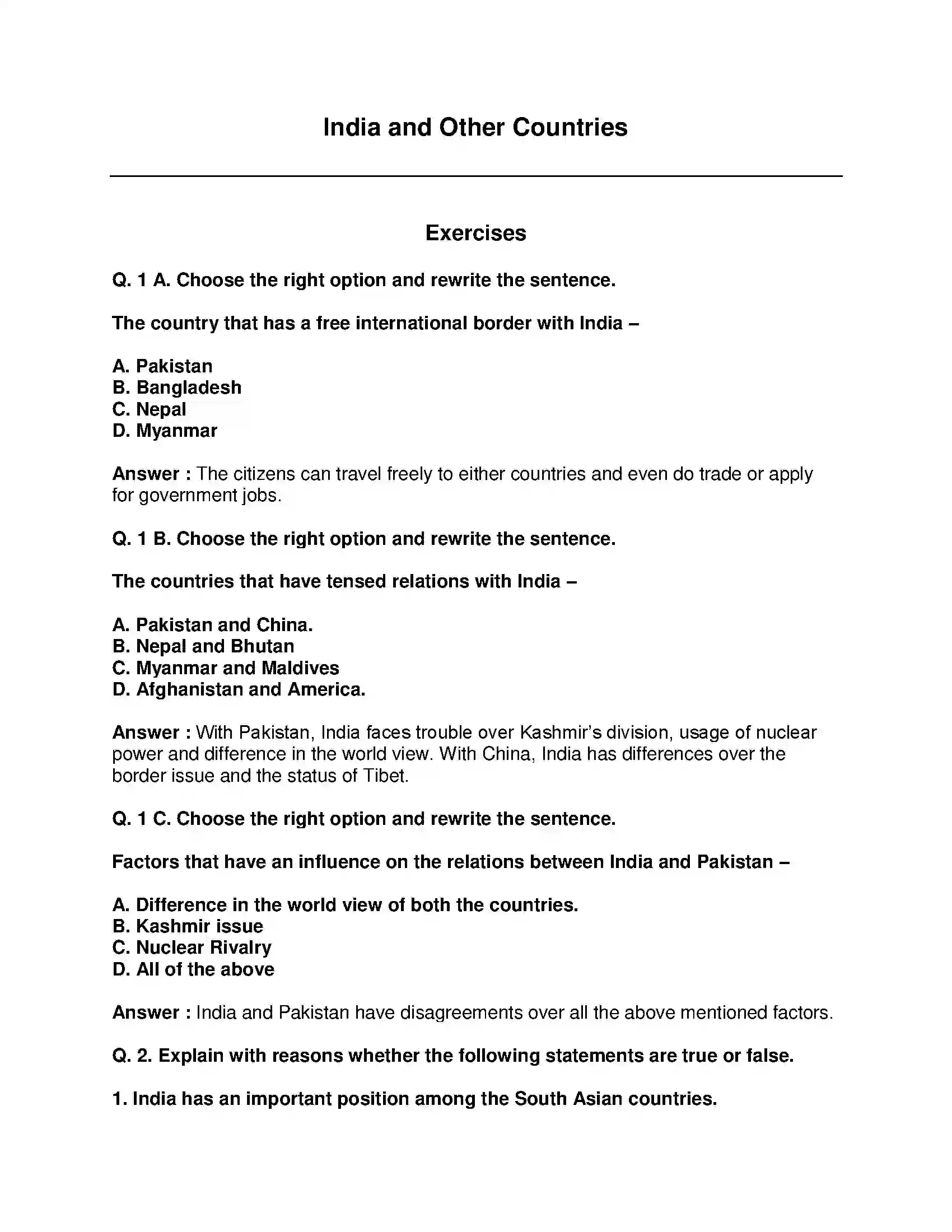 Maharashtra Board Class 9th Political Science - English Medium India and Other Countries Solution 1