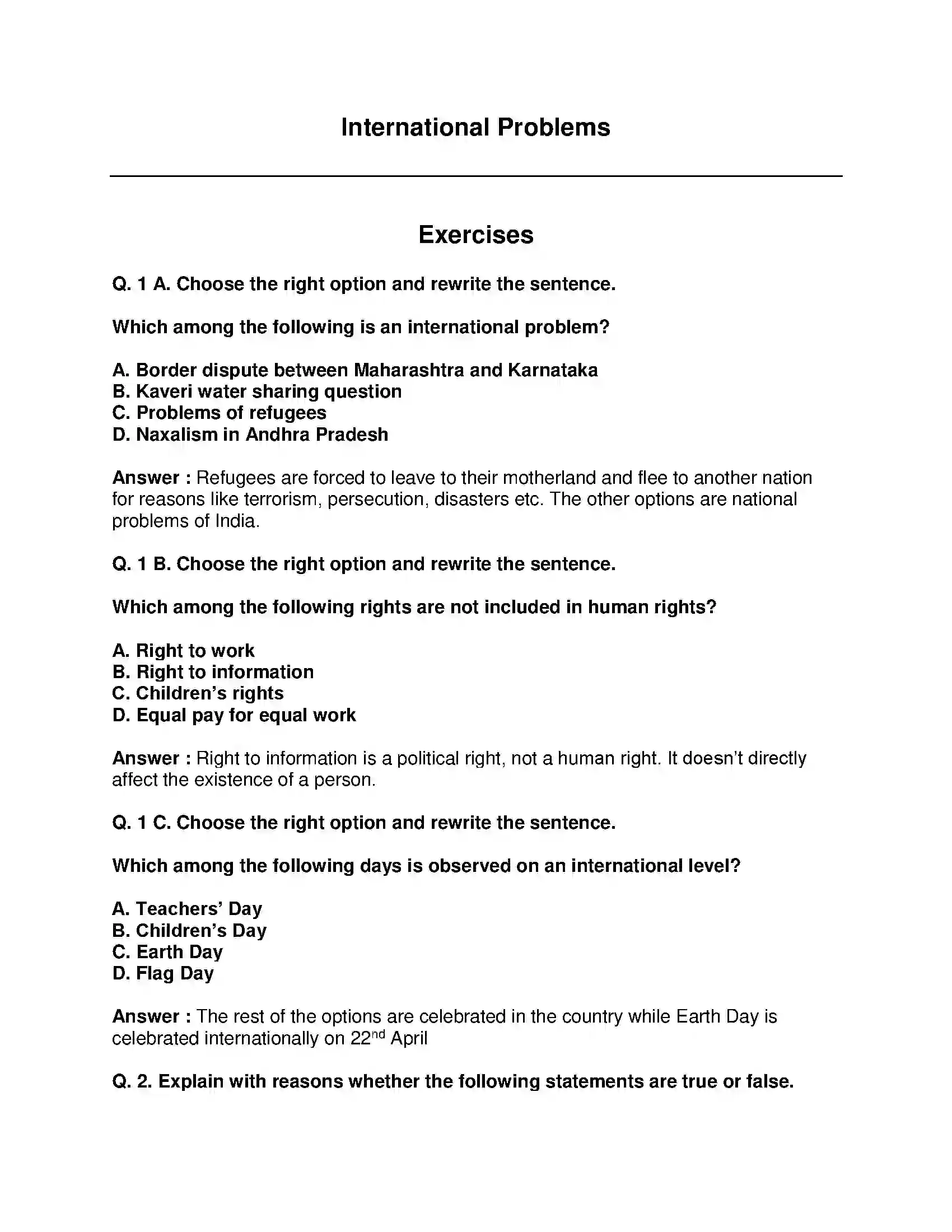 Maharashtra Board Class 9th Political Science - English Medium International Problems Solution 1