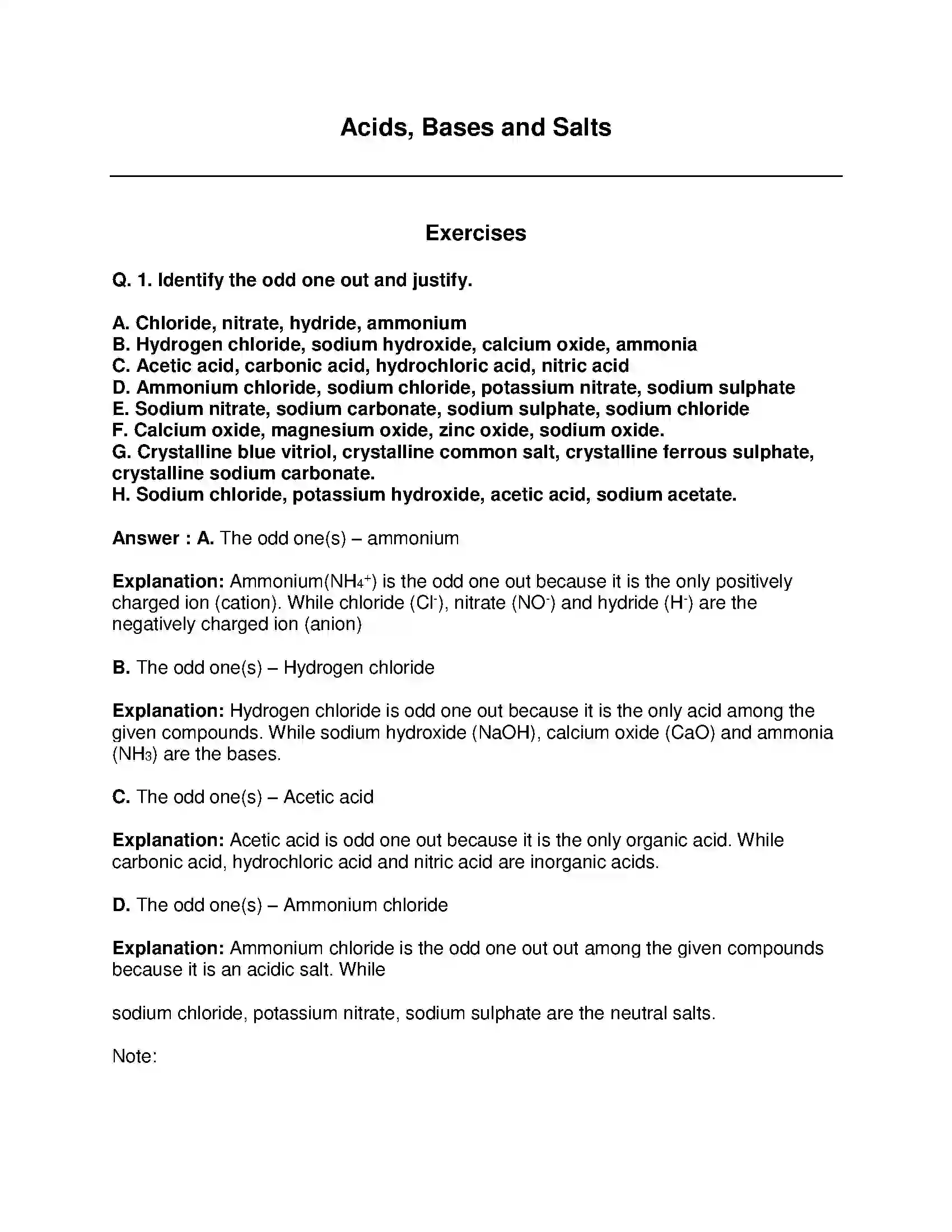 Maharashtra Board Class 9th Science & Technology - English Medium Acids, Bases and Salts Solution 1