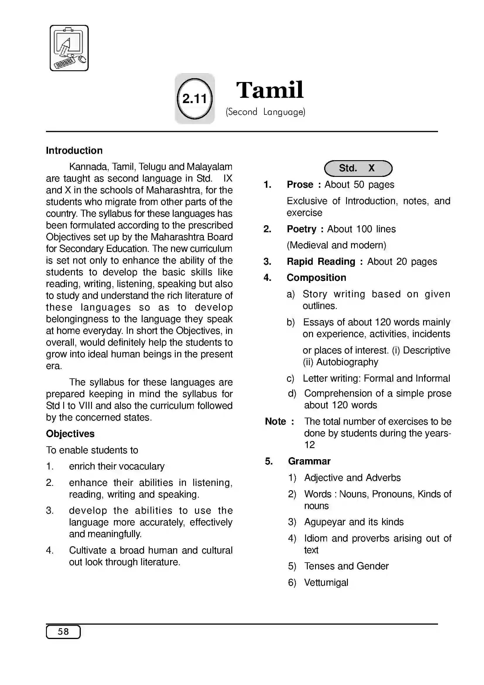 Maharashtra Board Class 10th 2025-26 Tamil 2nd Syllabus 1
