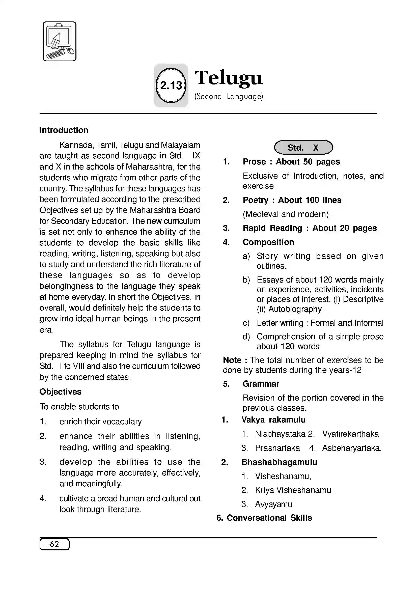 Maharashtra Board Class 10th 2025-26 Telugu 2nd Syllabus 1