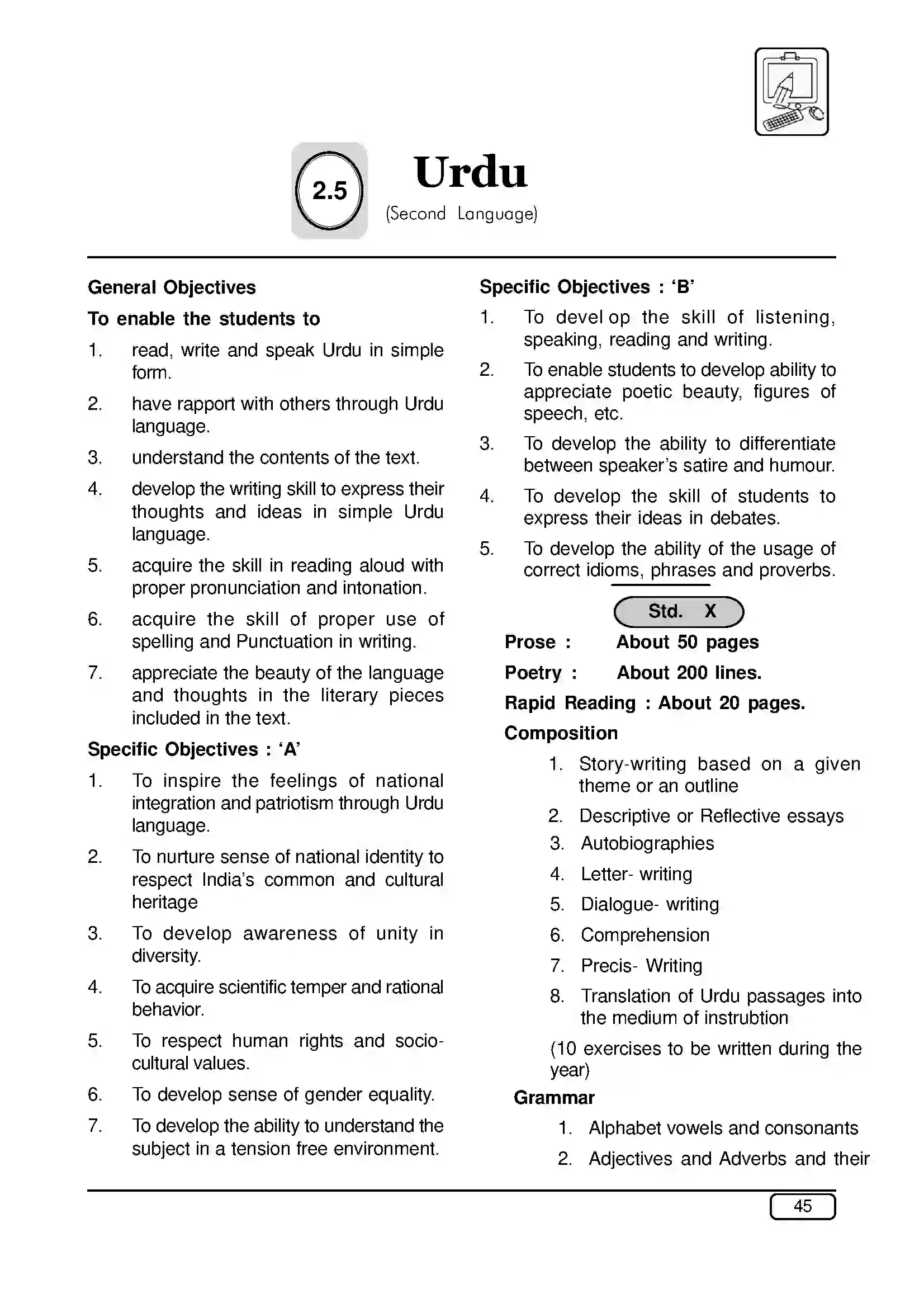 Maharashtra Board Class 10th 2025-26 Urdu 2nd Syllabus 1