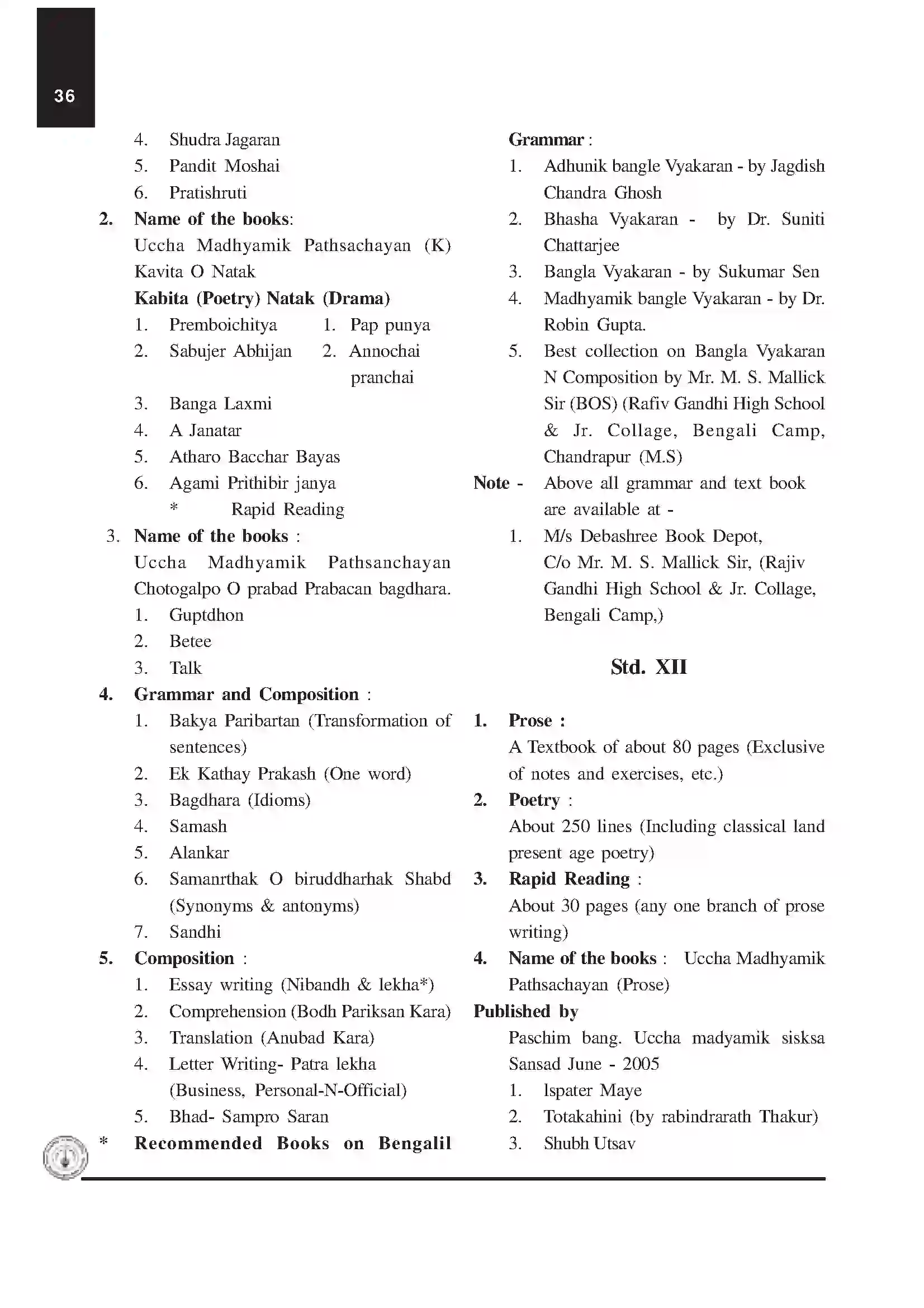 Maharashtra Board Class 12th 2020 Bengali Syllabus 2