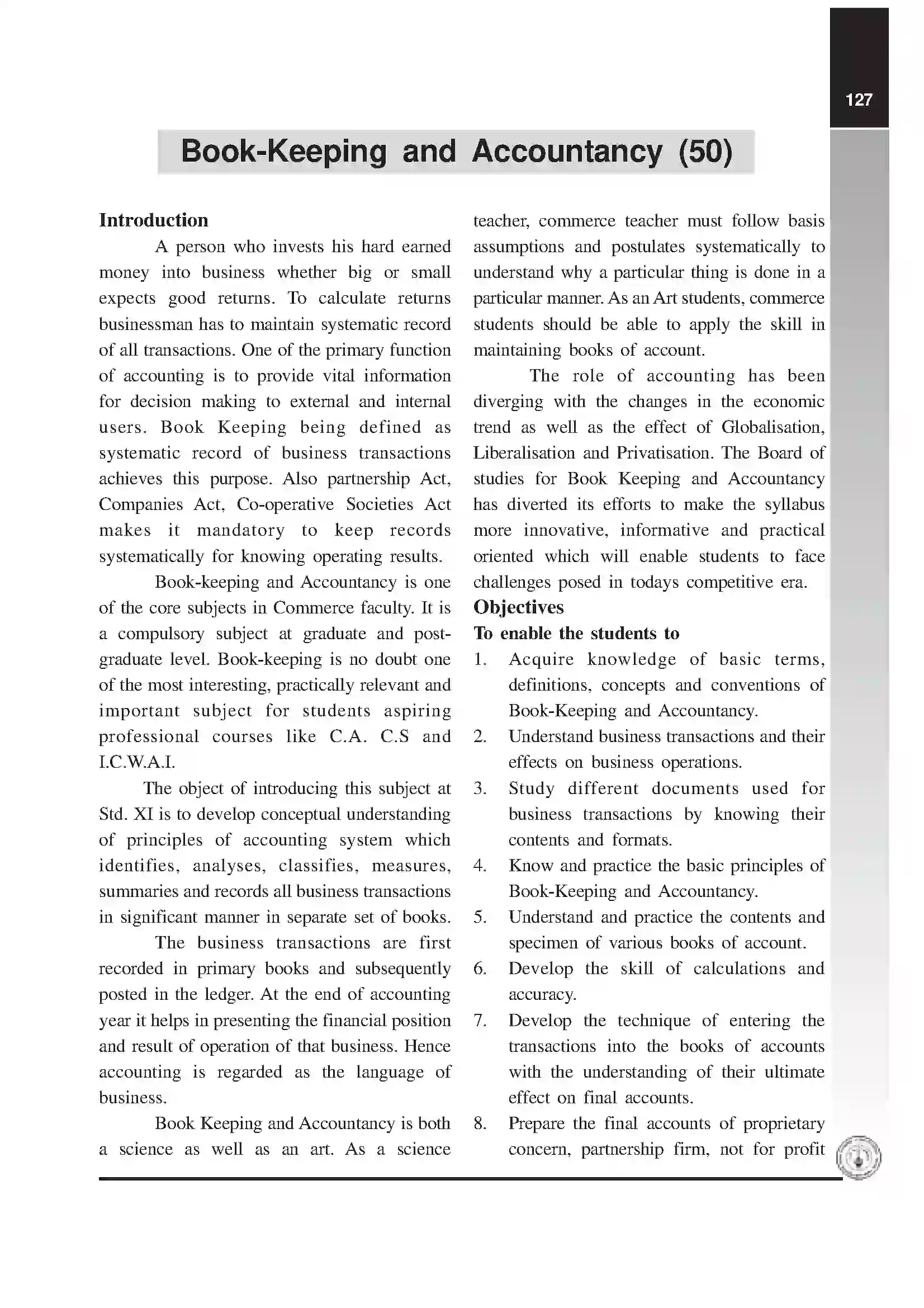 Maharashtra Board Class 12th 2020 Book Keeping Syllabus 1
