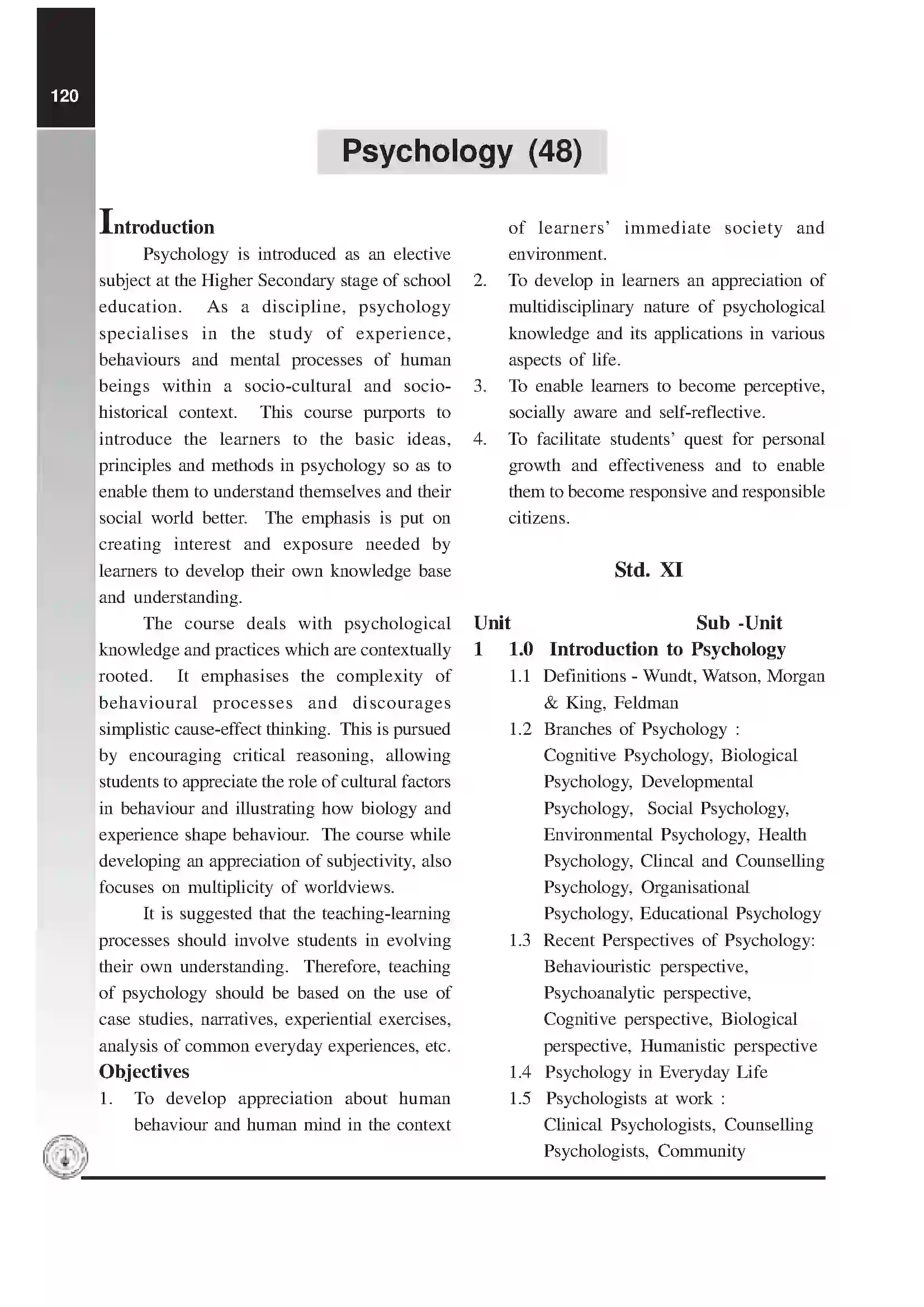Maharashtra Board Class 12th 2020 Psychology Syllabus 1