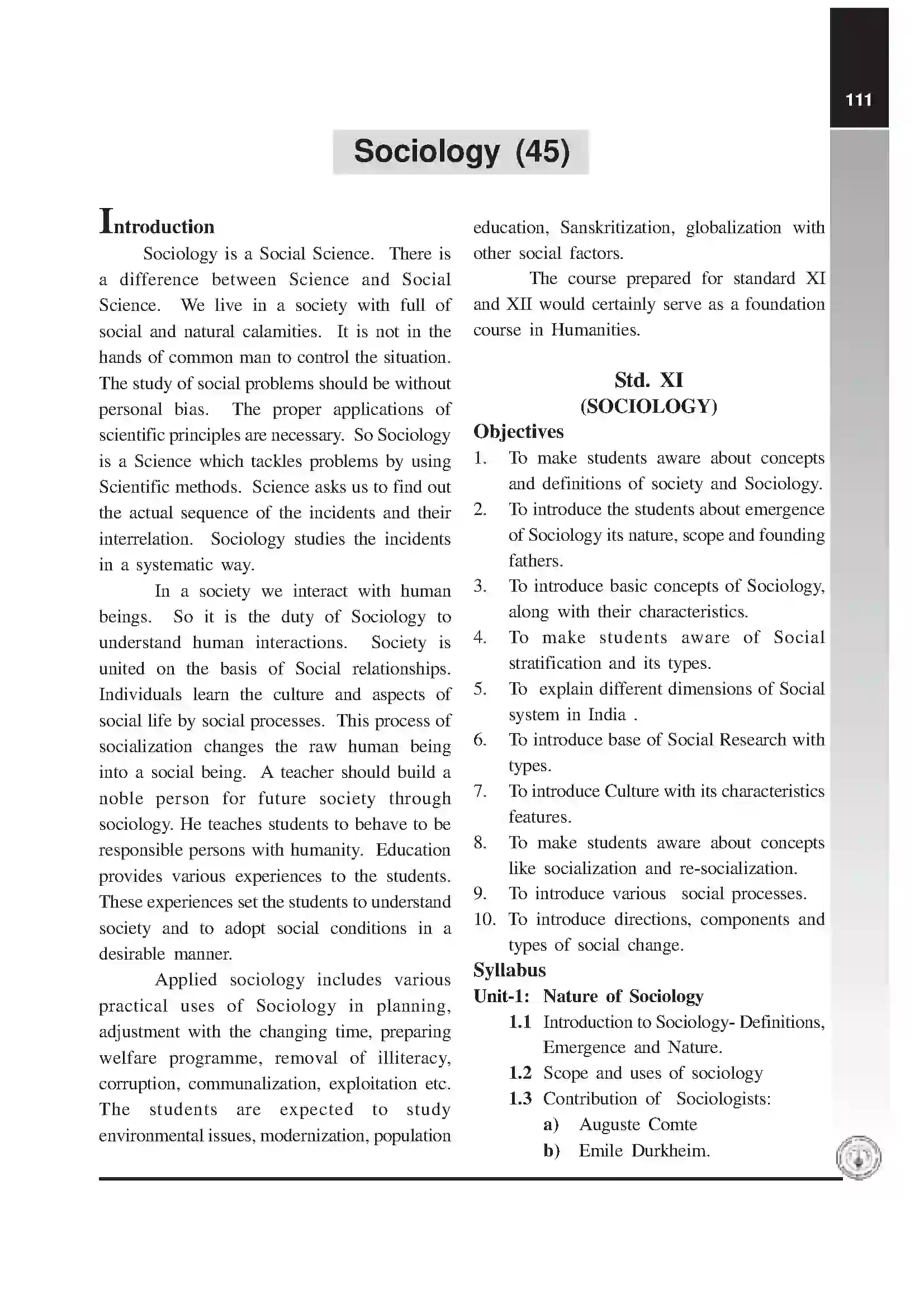 Maharashtra Board Class 12th 2020 Sociology Syllabus 1