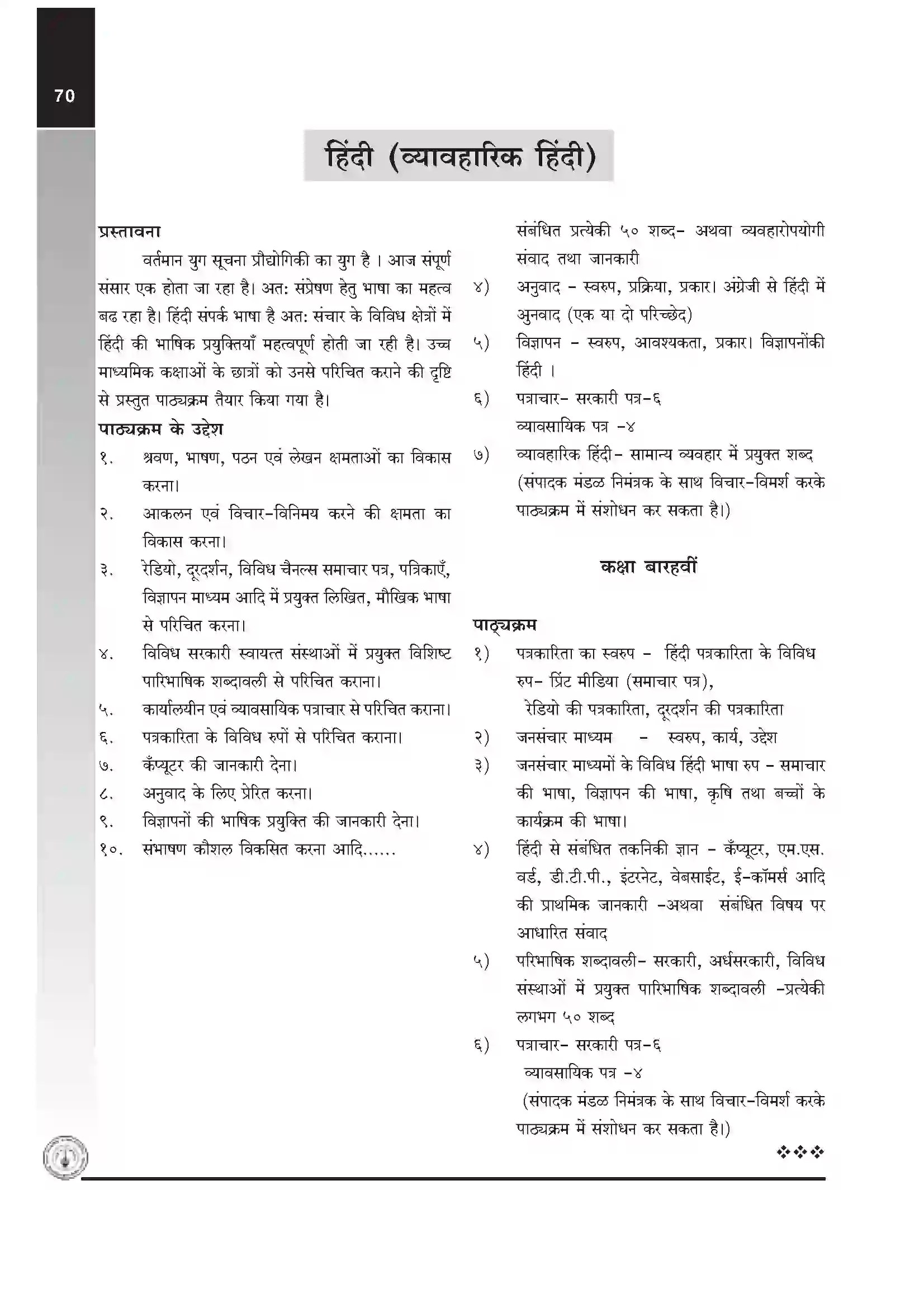 Maharashtra Board Class 12th 2025-26 Hindi(Applied) Syllabus 1