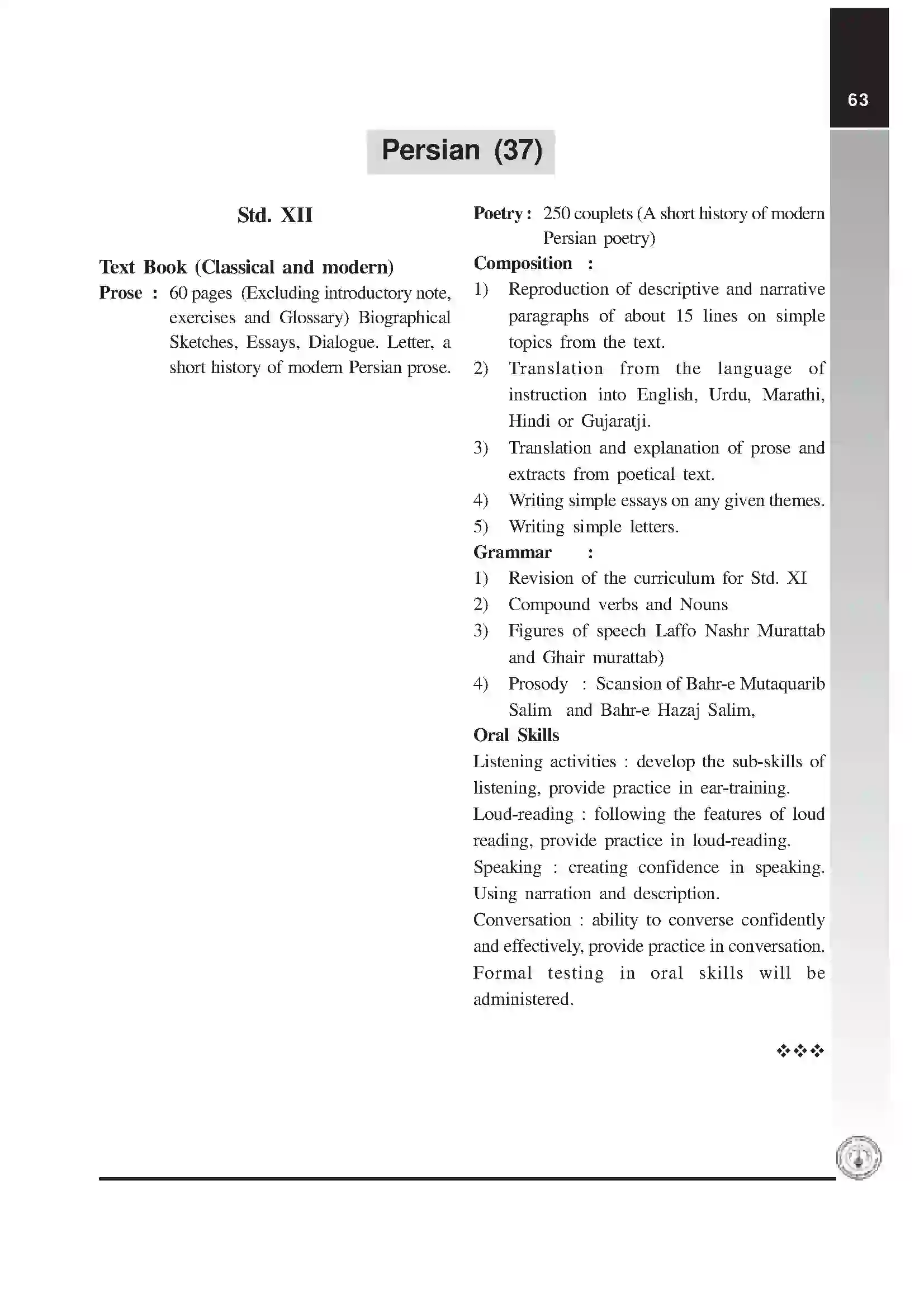 Maharashtra Board Class 12th 2025-26 Persian Syllabus 1