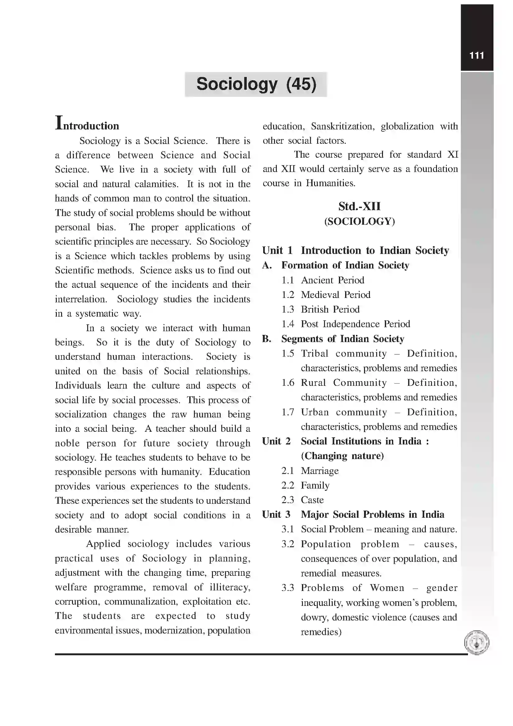 Maharashtra Board Class 12th 2025-26 Sociology Syllabus 1