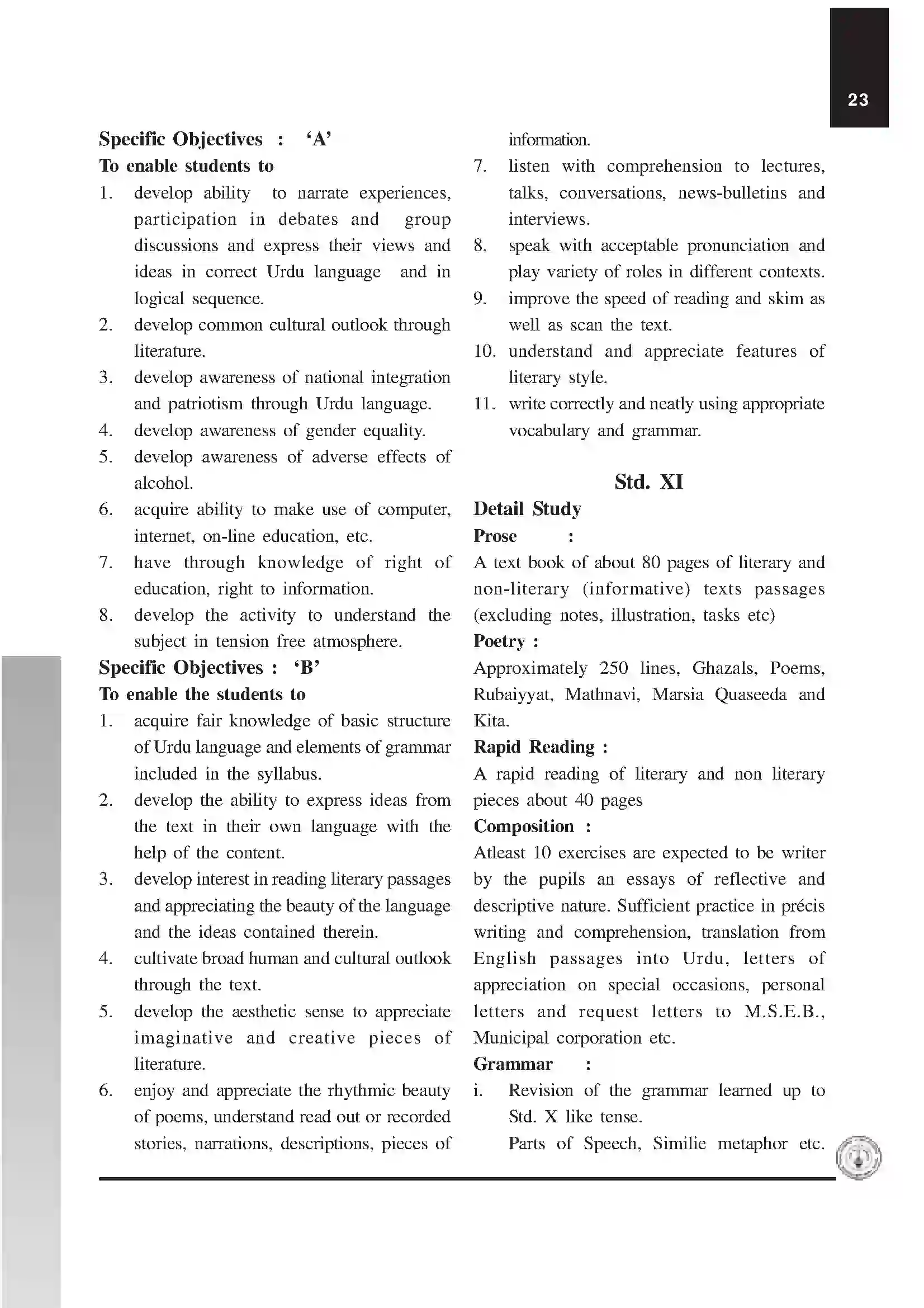 Maharashtra Board Class 12th 2025-26 Urdu Syllabus 2