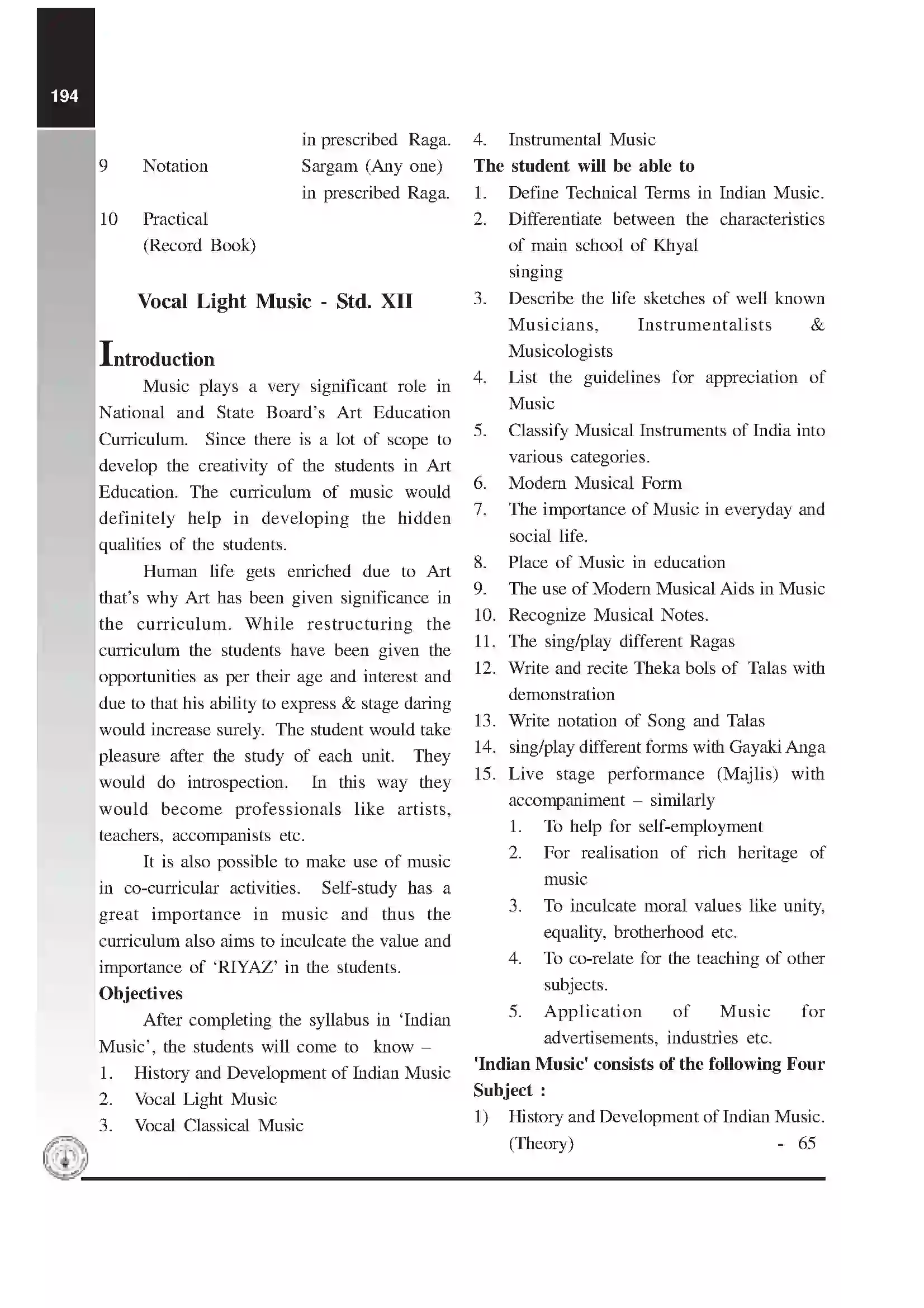 Maharashtra Board Class 12th 2025-26 Vocal Light Music Syllabus 3